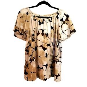 Terra and Sky Tan Black Floral Linen Blend Peasant Blouse Ruffle 0X 14W